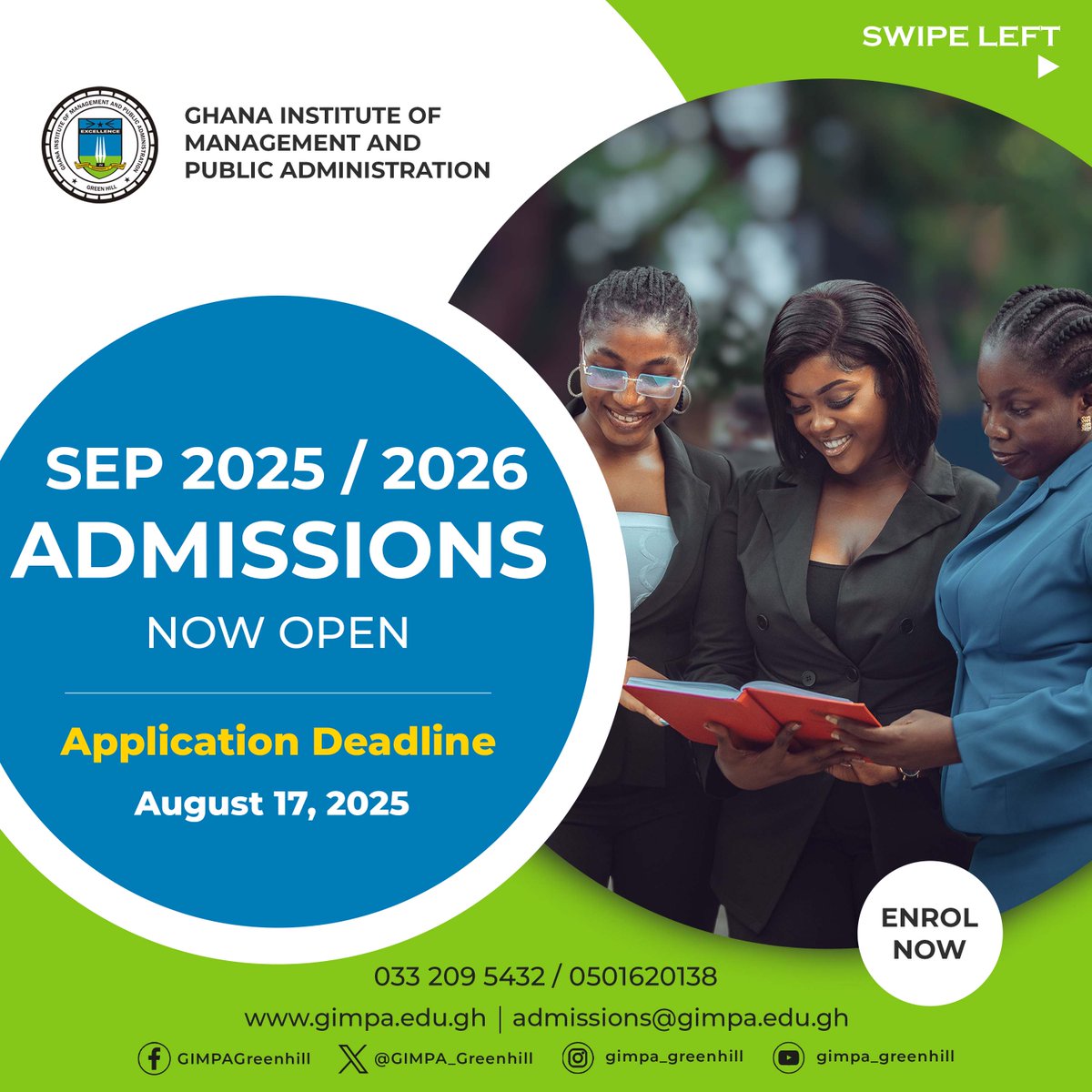 GIMPA Admissions 2025/2026 open, deadline August 17, 2025. Apply online at gimpa.edu.gh or contact 033 209 5432 or 050 162 0138 for inquiries.
