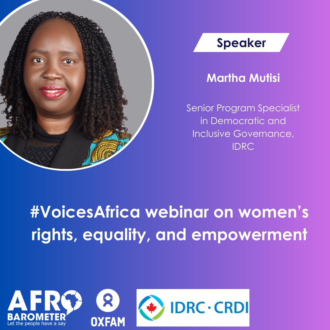 We’re thrilled to have Martha Mutisi (<a href="/Chypo/">Martha Chipo Mutisi</a>), Senior Programme Specialist at International Development Research Centre (<a href="/IDRC_CRDI/">IDRC | CRDI</a>) Democratic and Inclusive Governance Program, will join the #VoicesAfrica webinar on 12 March!

With extensive experience working across government,