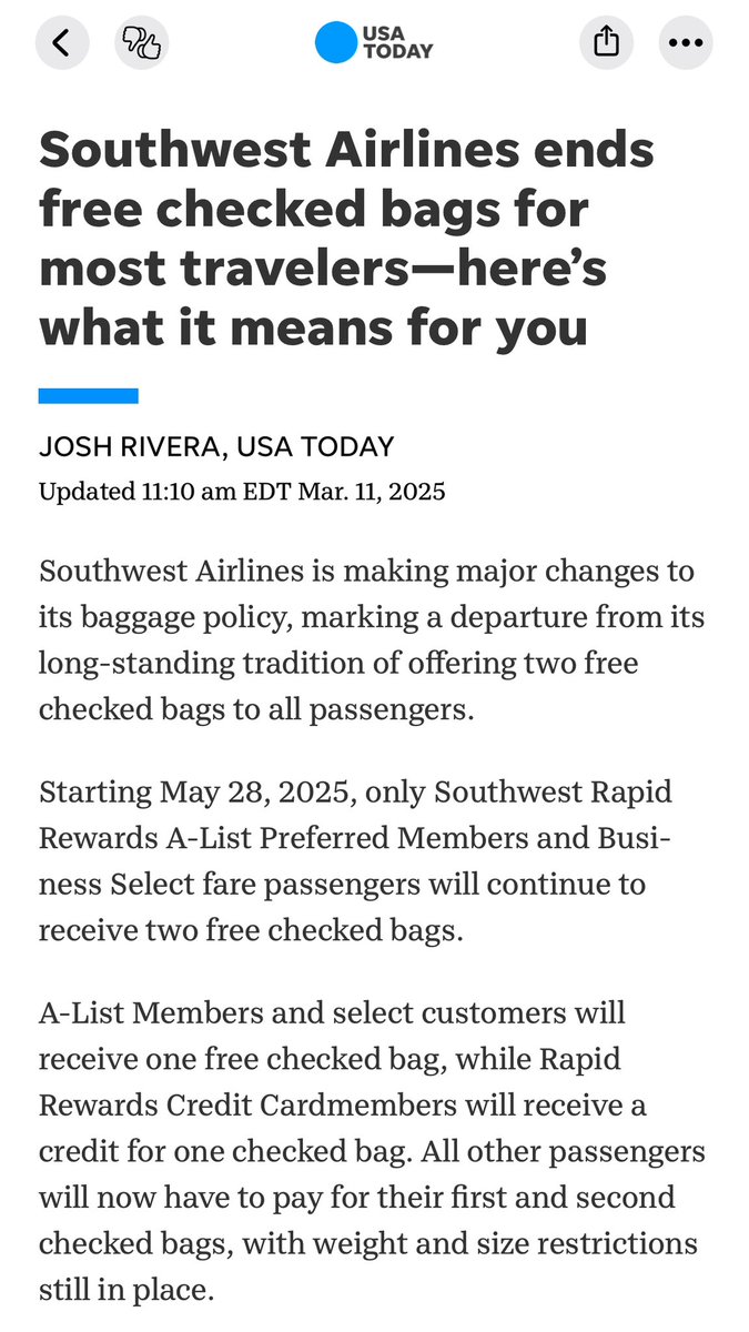WeekendExplorer's tweet image. Big changes coming to @Southwest Airlines. No free bags, one year credit usage etc. Story here-
usatoday.com/story/travel/a…