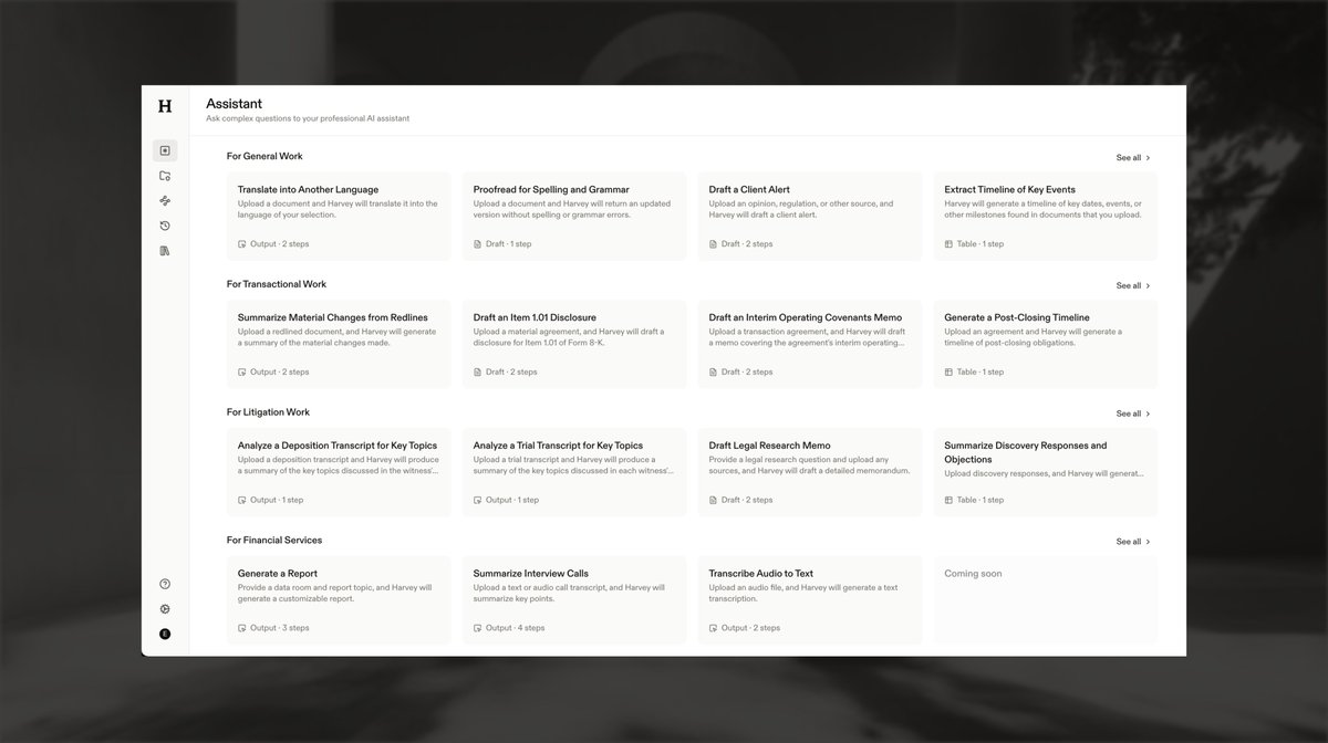 Today, we're launching Workflows, our first agents in the Harvey platform.

These workflows guide users through legal tasks, adapting and reasoning in ways that set a new standard for AI in professional work.