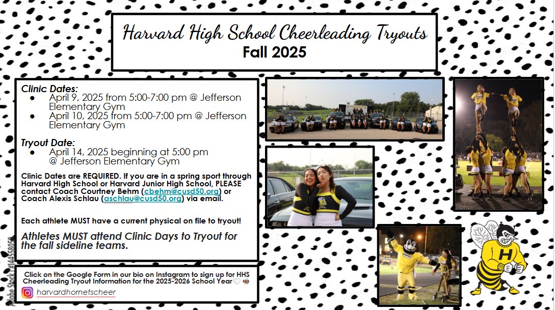 🌟MARK YOUR CALENDARS🌟

✨Clinic dates are 4/6 &amp; 4/10

✨Tryouts are 4/14

✨Please feel free to reach out to Coach Courtney (cbehm@cusd50.org) or Coach Alexis (aschlau@cusd50.org) with any questions.

🤍🐝