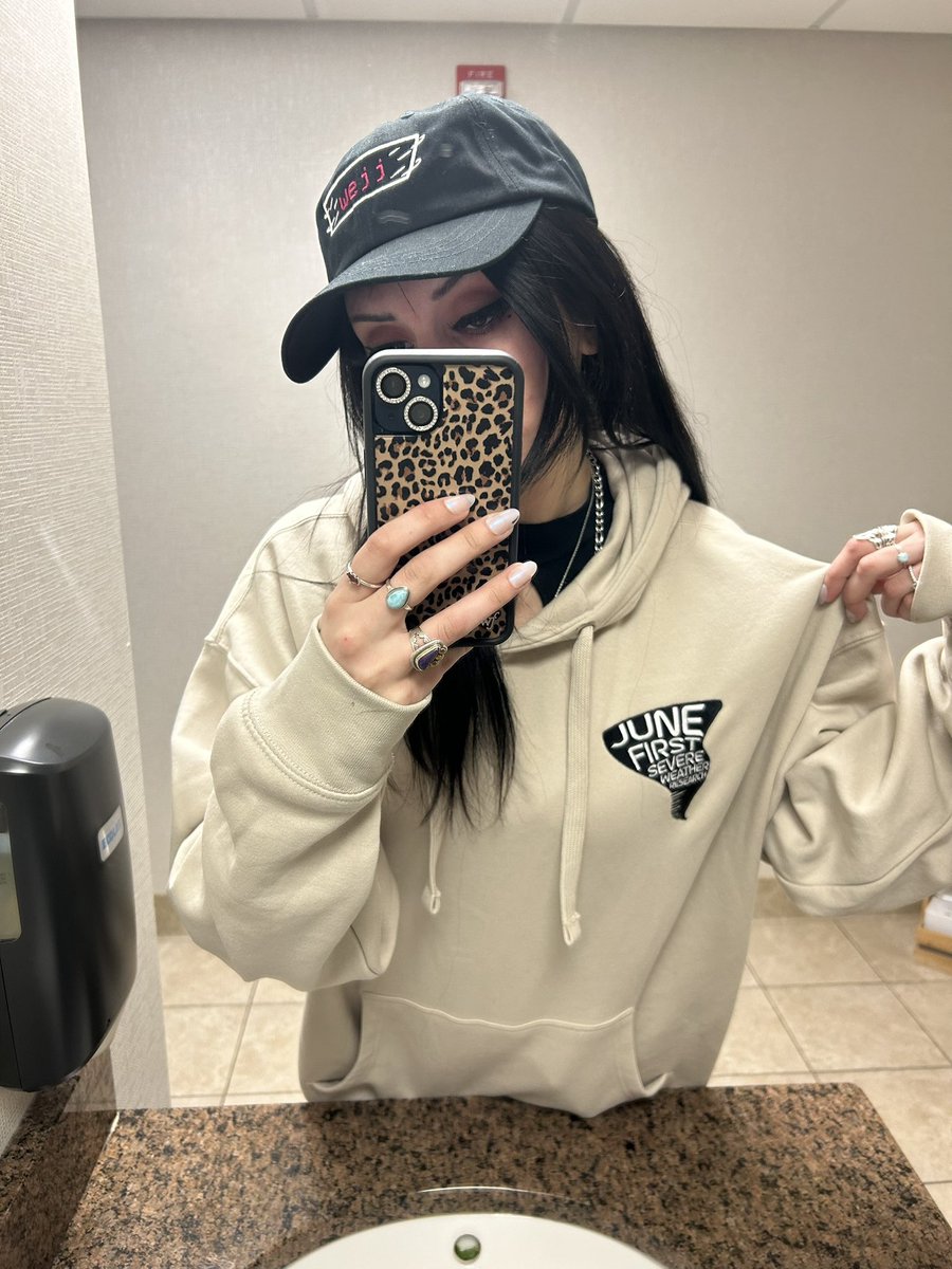 wxcamryn's tweet photo. My new hoodie from @junefirstwx may just be the most comfortable thing I own. 

Plus the wejj hat comes in black now to match my wejj shirt 🥹 #wejj https://t.co/kZeS7l3K5u