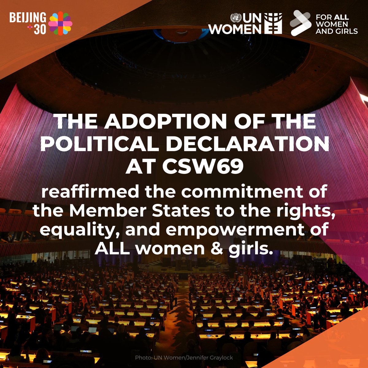 ✨A Milestone for Gender Equality✨

At #CSW69, Member States adopted the Political Declaration, reaffirming their commitment to advance the rights, equality, &amp; empowerment #ForAllWomenAndGirls.

Let's turn #Beijing30 promises into actions.

👉Read it: unwo.men/ng5o50VfHqw