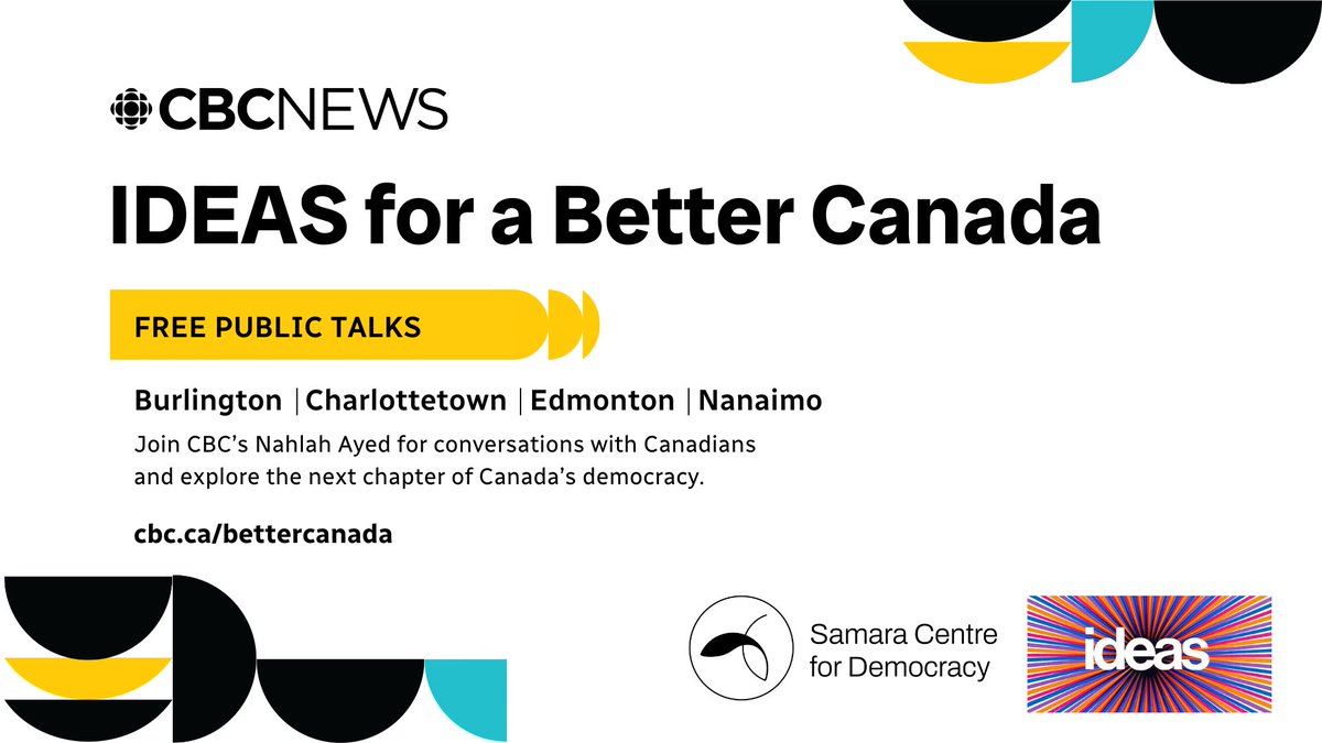 Samara Centre for Democracy (@thesamaracentre) on Twitter photo 📣 Charlottetown! 🇨🇦✨
Join <a href="/cbcradio/">CBC Radio</a> IDEAS, host <a href="/NahlahAyed/">Nahlah Ayed</a> & <a href="/TheSamaraCentre/">Samara Centre for Democracy</a> at the Charlottetown Library Learning Centre for a convo about where democracy could go next - in the place where Confederation began! 🗳️🚀
🎟️ March 26! More info 👉
cbc.ca/bettercanada 📣 Charlottetown! 🇨🇦✨
Join <a href="/cbcradio/">CBC Radio</a> IDEAS, host <a href="/NahlahAyed/">Nahlah Ayed</a> & <a href="/TheSamaraCentre/">Samara Centre for Democracy</a> at the Charlottetown Library Learning Centre for a convo about where democracy could go next - in the place where Confederation began! 🗳️🚀
🎟️ March 26! More info 👉
cbc.ca/bettercanada