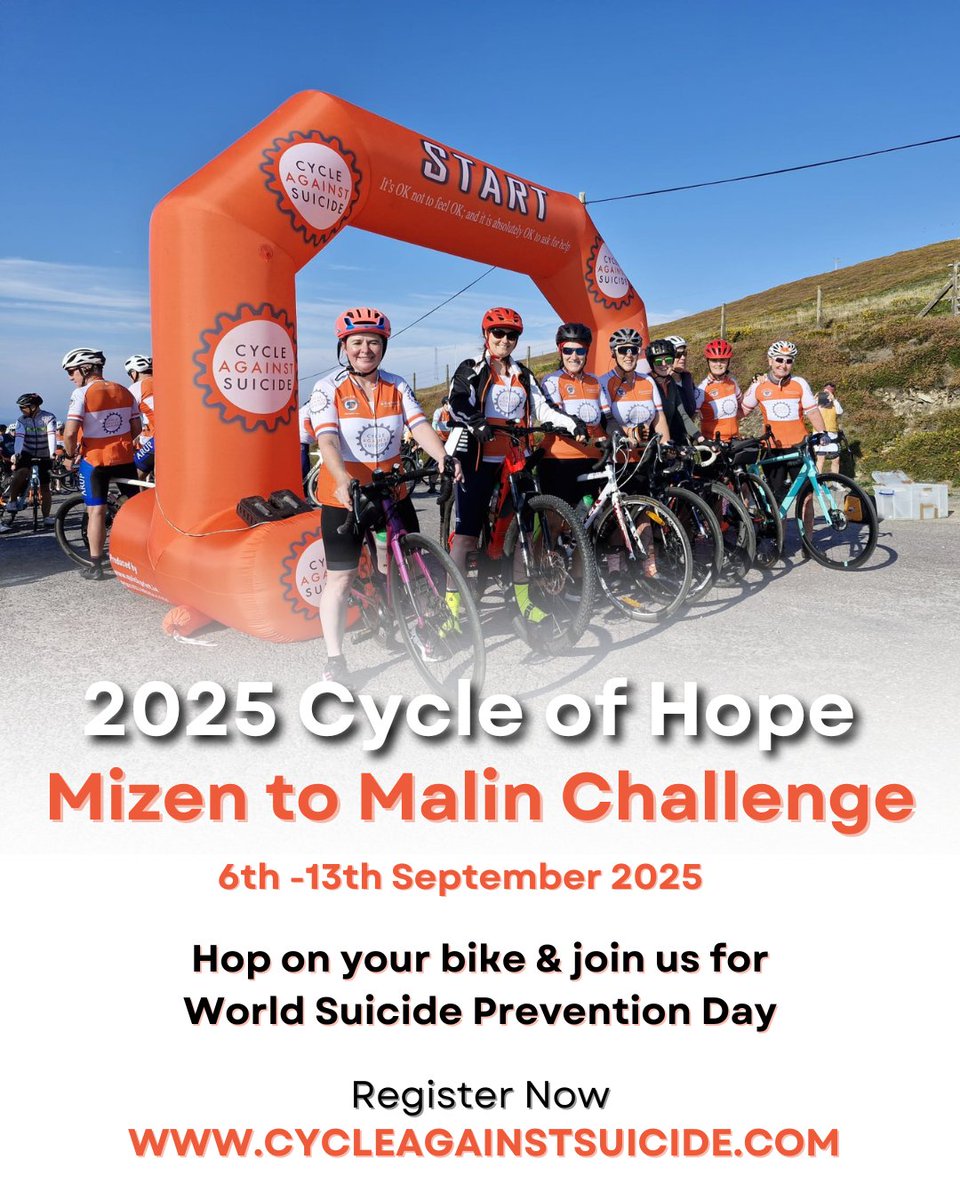 CASuicide's tweet image. Preventing suicide is possible & we are all players in its prevention. If you are up for a challenge in 2025, why not come alongside a charity that is deeply invested in suicide prevention efforts. Join our 'Mizen to Malin Challenge' Sept 6-13th 🚴 eventmaster.ie/event/5R9ATQvs…