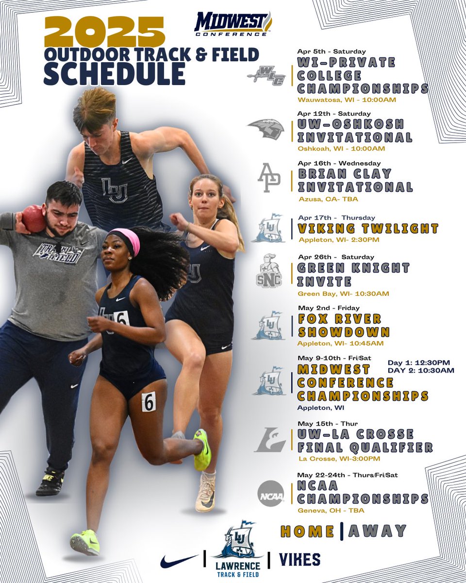 ‼️𝙈𝙖𝙧𝙠 𝙮𝙤𝙪𝙧 𝙘𝙖𝙡𝙚𝙣𝙙𝙖𝙧𝙨‼️
The 2025 Outdoor Track &amp; Field schedule is here!

🗓️: vikings.lawrence.edu/sports/mtrack/… 

Hope to see you there!

#LUTFVikings | #ReadyTheShip🔵⚪️