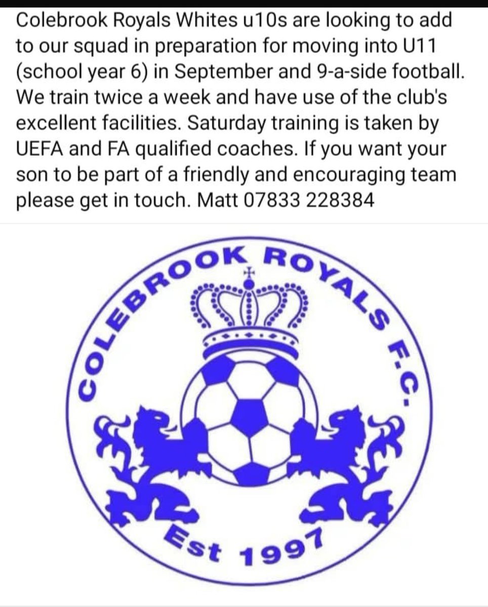 COLEBROOK ROYALS FC (@colebrookroyals) on Twitter photo Looking for new challenge next season ? Our whites team will be stepping up to the 9v9 format. Great opportunity ๐๐ผโฆ
<a href="/EssexCountyFA/">Essex County FA</a>โฉ #Squadbooster Looking for new challenge next season ? Our whites team will be stepping up to the 9v9 format. Great opportunity ๐๐ผโฆ
<a href="/EssexCountyFA/">Essex County FA</a>โฉ #Squadbooster