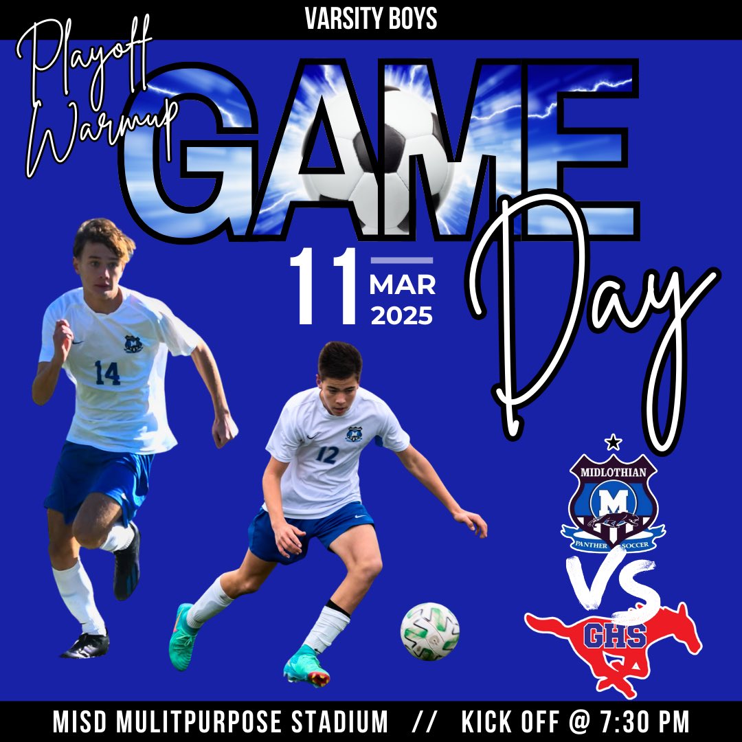 Midlothian High School Soccer (@mhssoccerbc) on Twitter photo Playoff Warmup Game Today, 3.11.25!
โฝ๏ธMidlothian VS Grapevine
๐MISD Multipurpose Stadium
โฐVG: 5:30 || VB: 7:30
Tickets:
midlothiansports.rankone.com/Website/Main/Cโฆ
โ๏ธ๐พโฝ๏ธ Lets Go Panthers! โฝ๏ธ๐พโ๏ธ
<a href="/MHSPanthers/">Midlothian High School</a> <a href="/MidlothianISD/">Midlothian ISD</a> <a href="/midlo_bsoccer/">Midlo Boys Soccer</a> <a href="/midlo_gsoccer/">MHS Girls Soccer</a> <a href="/mhspantherradio/">Mhspantherradio</a> <a href="/tascosoccer/">TASCO</a> Playoff Warmup Game Today, 3.11.25!
โฝ๏ธMidlothian VS Grapevine
๐MISD Multipurpose Stadium
โฐVG: 5:30 || VB: 7:30
Tickets:
midlothiansports.rankone.com/Website/Main/Cโฆ
โ๏ธ๐พโฝ๏ธ Lets Go Panthers! โฝ๏ธ๐พโ๏ธ
<a href="/MHSPanthers/">Midlothian High School</a> <a href="/MidlothianISD/">Midlothian ISD</a> <a href="/midlo_bsoccer/">Midlo Boys Soccer</a> <a href="/midlo_gsoccer/">MHS Girls Soccer</a> <a href="/mhspantherradio/">Mhspantherradio</a> <a href="/tascosoccer/">TASCO</a>