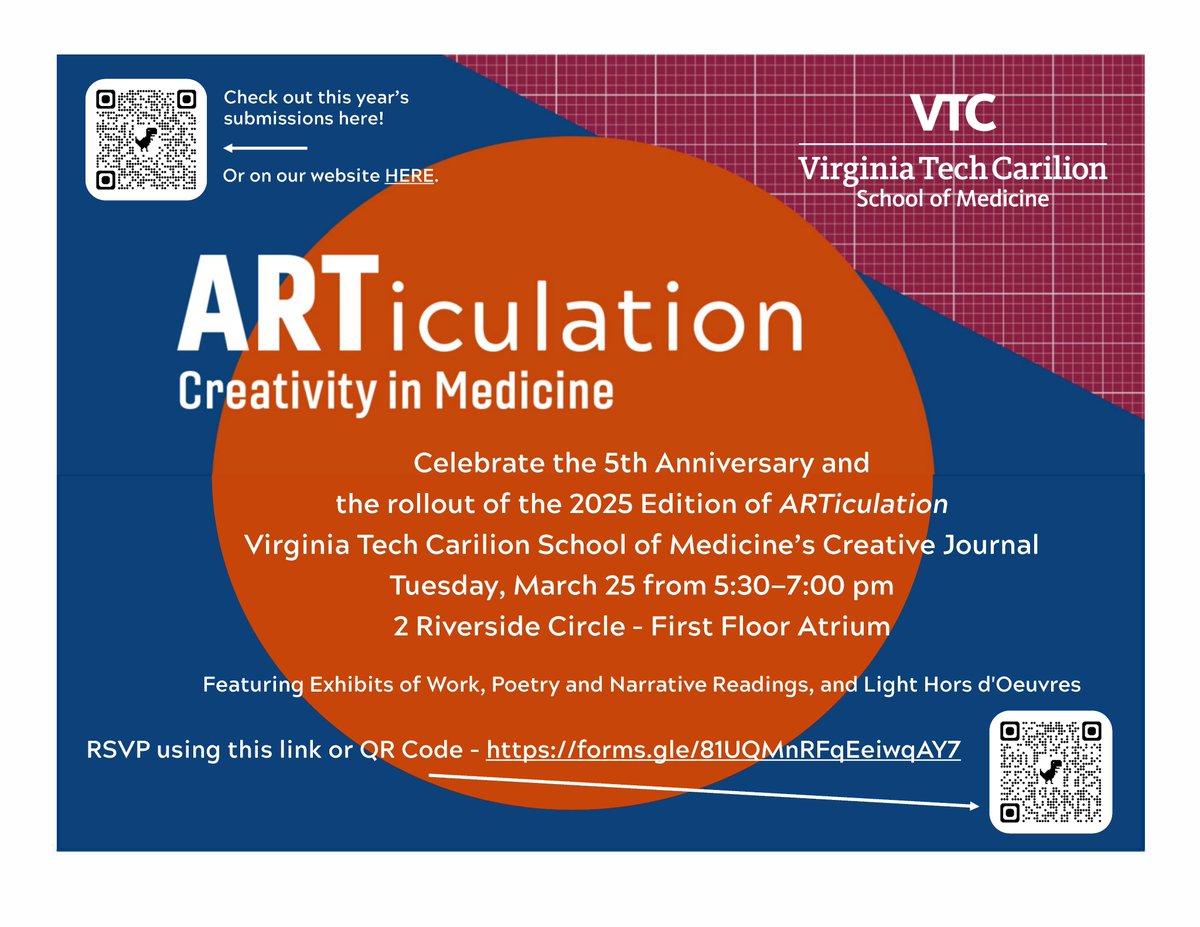 vtcsom's tweet image. Celebrate the 5th Anniversary and the rollout of the 2025 Edition of of ARTiculation, Virginia Tech Carilion School of Medicine’s Creative Journal!
To RSVP: docs.google.com/forms/d/e/1FAI…
To view submissions: medicine.vtc.vt.edu/academics/dist…