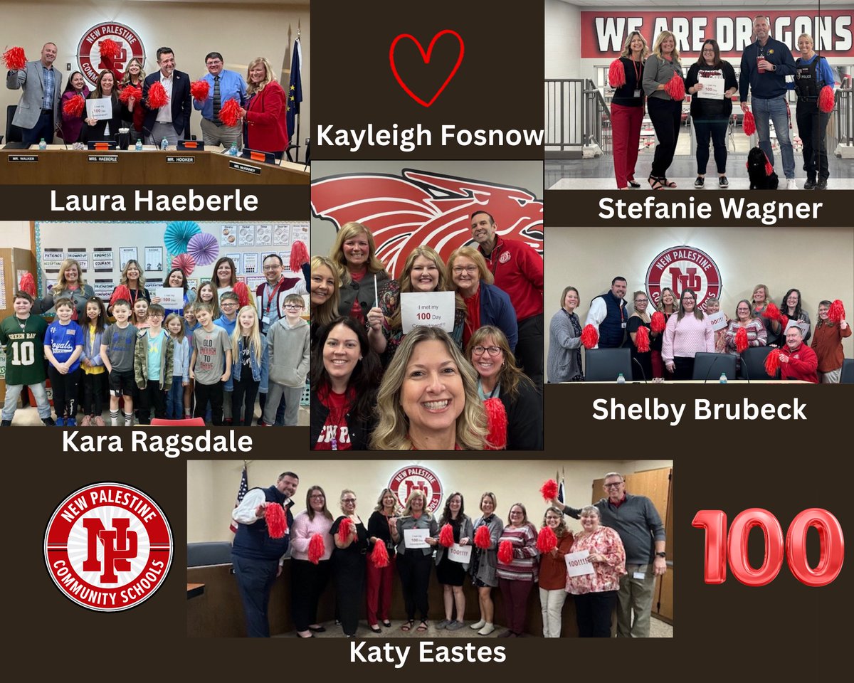 These amazing <a href="/NewPalCS/">New Palestine Community Schools</a> employees achieved their 100 Day Commitment!  Dragon Excellence Every Day! 

<a href="/NewPalAsstSup/">Dr. Katy Eastes</a> 
<a href="/VoelzJames/">New Palestine High School</a> 
<a href="/MooreNPJH/">NPHS Asst. Principal & Girls Varsity 🏀 Coach</a> 
<a href="/JKehrt_SCE/">Jan Kehrt</a> 
<a href="/NPEMrsFosnow/">Kayleigh Fosnow</a>