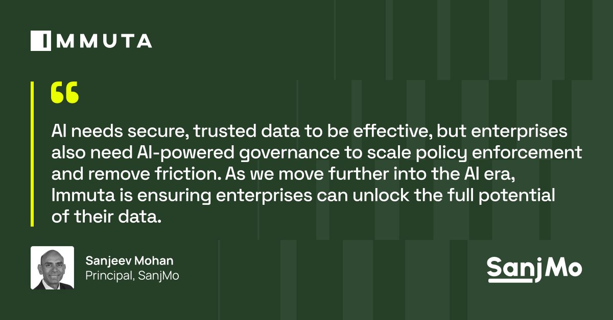 Immuta (@immuta) on Twitter photo AI and data governance go hand in hand. 🤝
As <a href="/SanjMo/">Sanjeev Mohan</a> puts it: “AI needs secure, trusted data to be effective, but enterprises also need AI-powered governance to scale policy enforcement and remove friction.”
See how #ImmutaAI is leading the way: immuta.com/blog/immuta-ai… AI and data governance go hand in hand. 🤝
As <a href="/SanjMo/">Sanjeev Mohan</a> puts it: “AI needs secure, trusted data to be effective, but enterprises also need AI-powered governance to scale policy enforcement and remove friction.”
See how #ImmutaAI is leading the way: immuta.com/blog/immuta-ai…