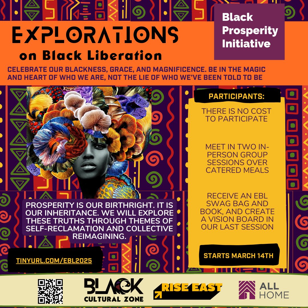 Join us for Explorations on Black Liberation! 🌟 Explore themes of Self-Reclamation and Collective Reimagining, starting March 14th. There is no cost to participate! 

Sign up at tinyurl.com/EBL2025 #BlackLiberation #SelfReclamation