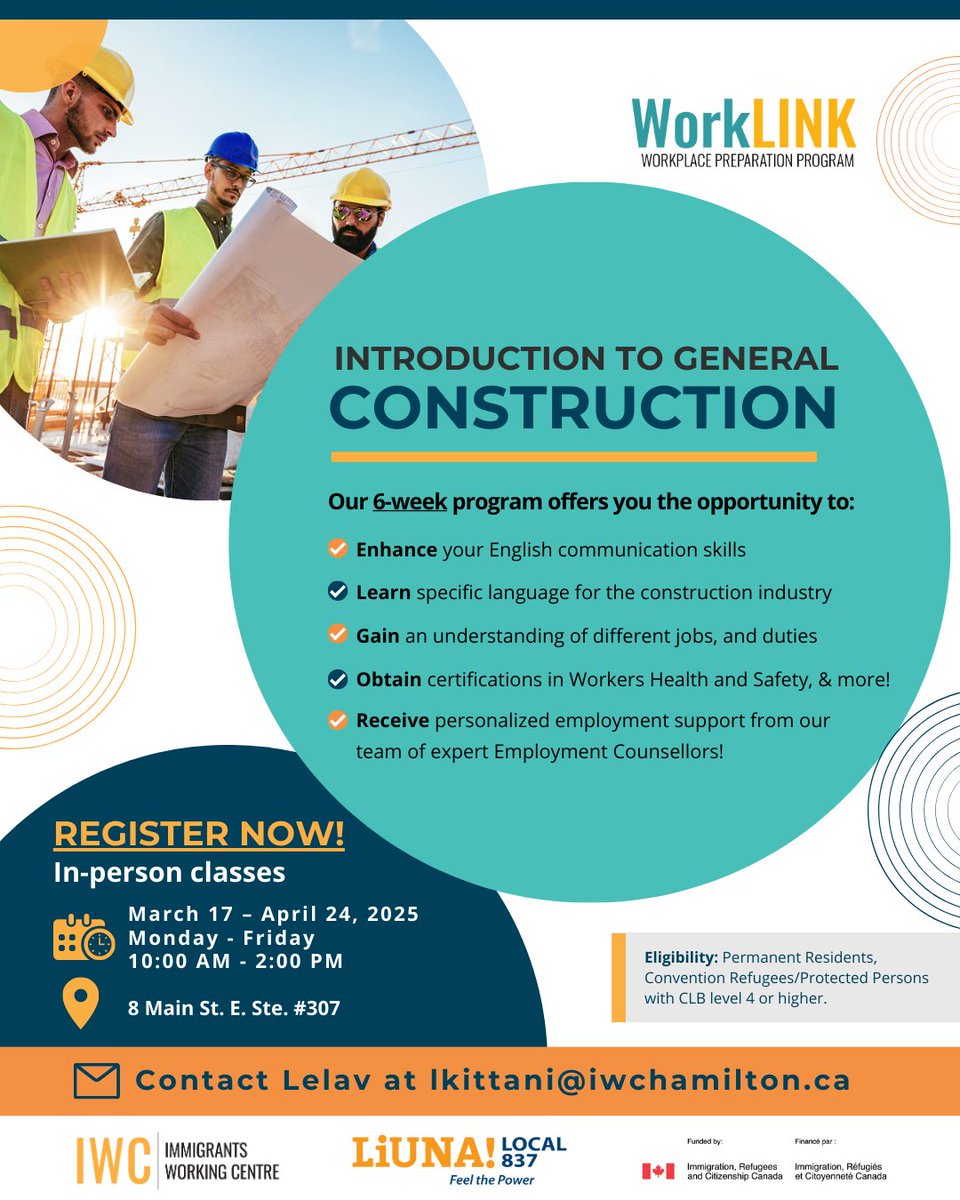 iwchamilton's tweet image. Looking to explore a career path in construction? 🏗️

Join us for our Introduction to General Construction 6-week WorkLINK program starting next Monday! 

For more info, contact Lelav kittani at lkittani@iwchamilton.ca

#employmet #WorkLINK #HamOnt