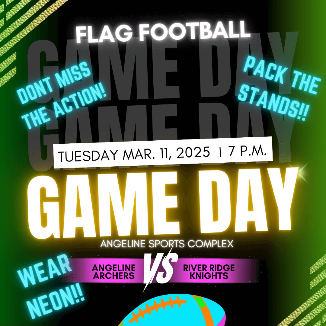 Angeline Academy of Innovation Athletics (@aai_athletics) on Twitter photo 🏈FLAG FOOTBALL GAME DAY🏈
Come out to the Angeline Athletic Complex TONIGHT, to support your girls flag football team! They are taking on River Ridge @ 7:00 PM!
Don’t forget to wear your best NEON outfit tonight!🟢🟡🟠⚪️🟣
GO ARCHERS🏈🏹
<a href="/PascoCoSports/">Pasco County Sports</a> <a href="/AngelineAcademy/">Angeline Academy of Innovation</a> 🏈FLAG FOOTBALL GAME DAY🏈
Come out to the Angeline Athletic Complex TONIGHT, to support your girls flag football team! They are taking on River Ridge @ 7:00 PM!
Don’t forget to wear your best NEON outfit tonight!🟢🟡🟠⚪️🟣
GO ARCHERS🏈🏹
<a href="/PascoCoSports/">Pasco County Sports</a> <a href="/AngelineAcademy/">Angeline Academy of Innovation</a>