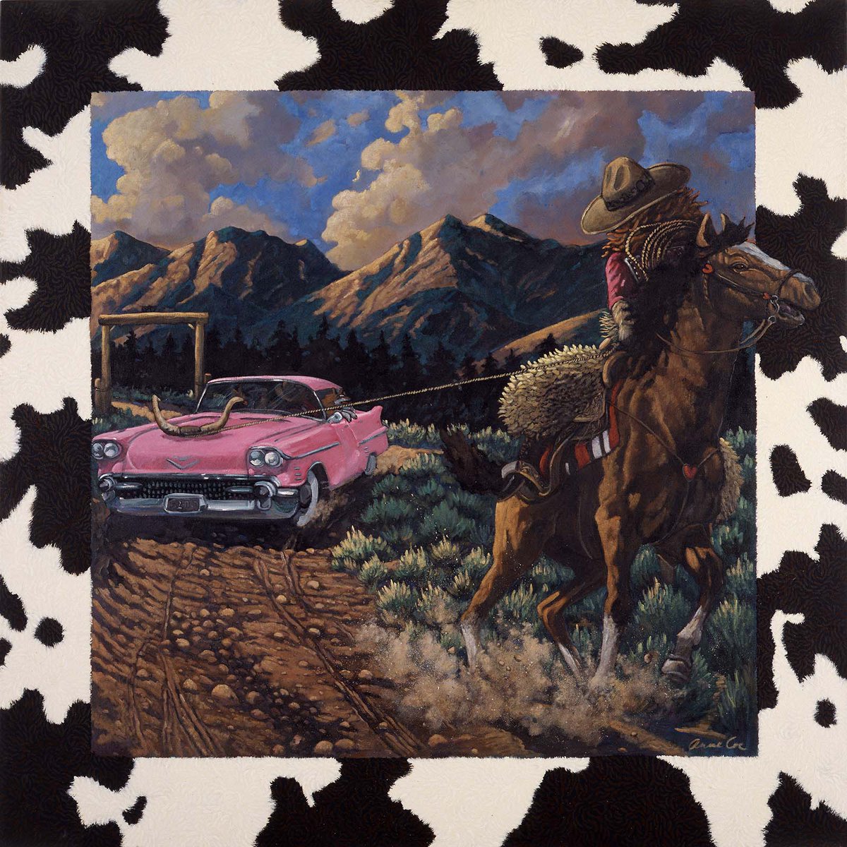 Anne Coe's "At the End of Her Rope" depicts a strong cowgirl in action as she uses her lasso and horse to “tame” a pink Cadillac. This artwork, along with many others, will be part of our upcoming special exhibition "POP! Goes the West," opening May 24.
#anncoe #popgoesthewest