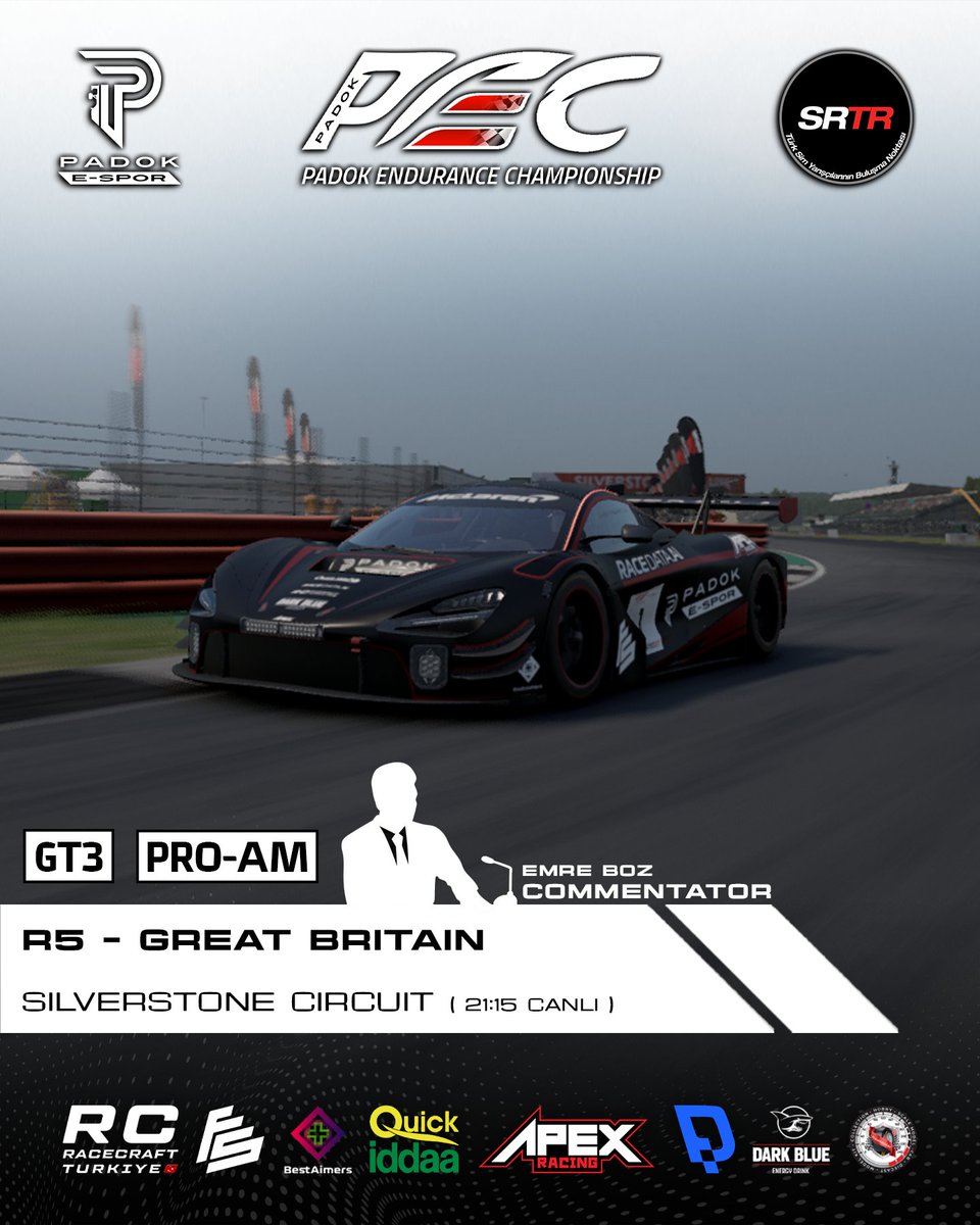 PadokSimRacing's tweet photo. ⬜️ PEC 2025 GT3 PRO-AM SEZON FİNALİ
🇬🇧 PEC 2025 Sezon 1 GT3 PRO-AM'in son yarışına büyük bir rekabetle gidiyoruz.
📺Yarış saat 21:15'te Emre BOZ'un sunumuyla Twitch ve Kick kanallarımızdan canlı yayınlanacak, sakın kaçırmayın!
#️⃣ #PEC2025S1 #PADOKESPOR #SIMRACERSTR https://t.co/OwxRCe4NkK