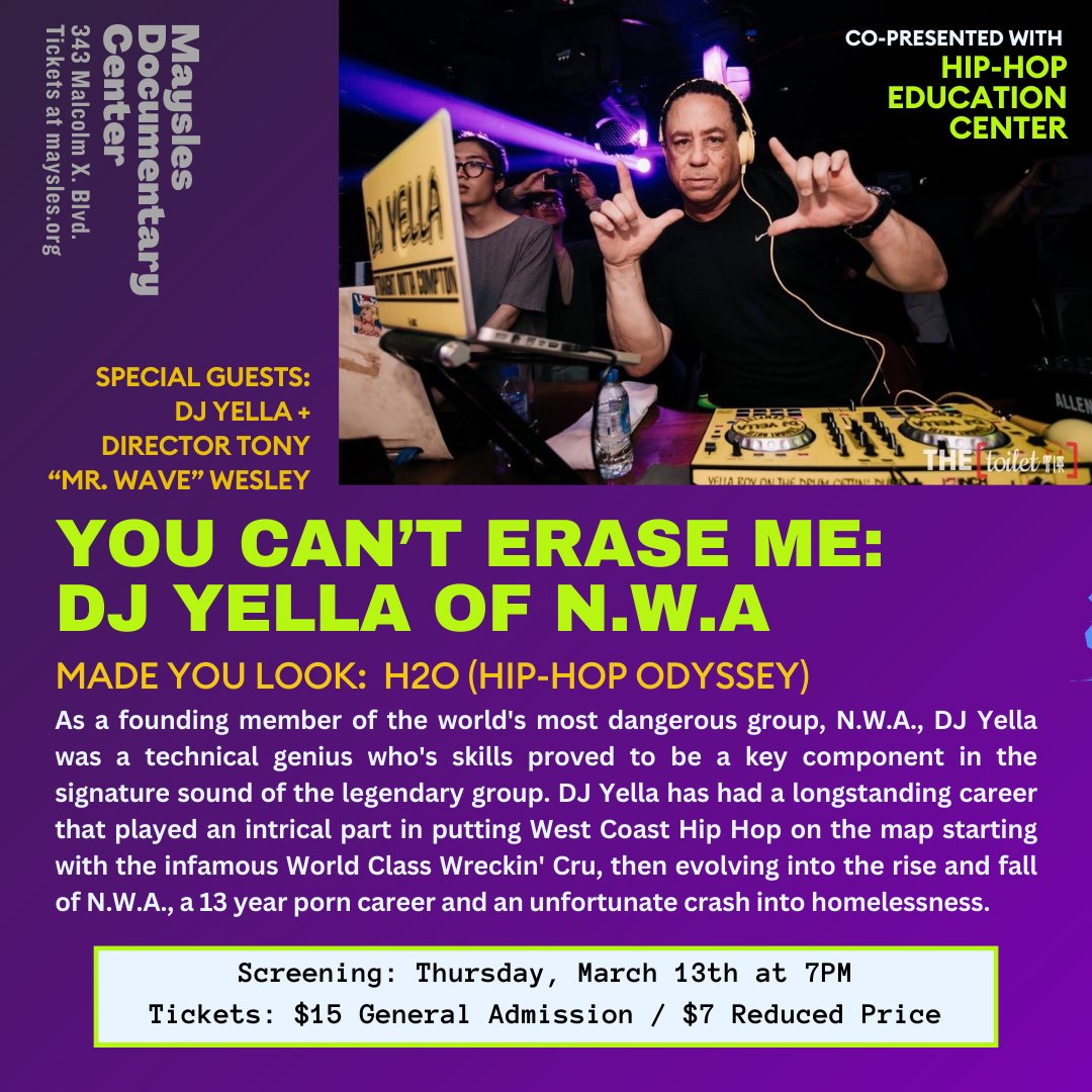 Kazembe Balagun (@bronxbanlieue) on Twitter photo The living legend himself DJ YELLA of NWA will join us <a href="/MayslesCinema/">Maysles Documentary Center</a> for his tell all bio-pic “YOU CAN’T ERASE ME” The living legend himself DJ YELLA of NWA will join us <a href="/MayslesCinema/">Maysles Documentary Center</a> for his tell all bio-pic “YOU CAN’T ERASE ME”