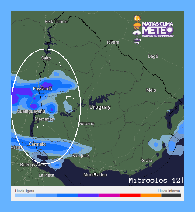 AficionadoMeteo's tweet photo. Frente frío. Del sur del río negro. Desplazándose Miércoles 12| Al norte del río negro. Entrante madrugada. Comenzando por el litoral oeste, norte, noreste. Con precipitaciones intermitentes, sin descartar ocasionales tormentas. El resto del país, baja chance de precipitaciones. https://t.co/mhp43EkOlw