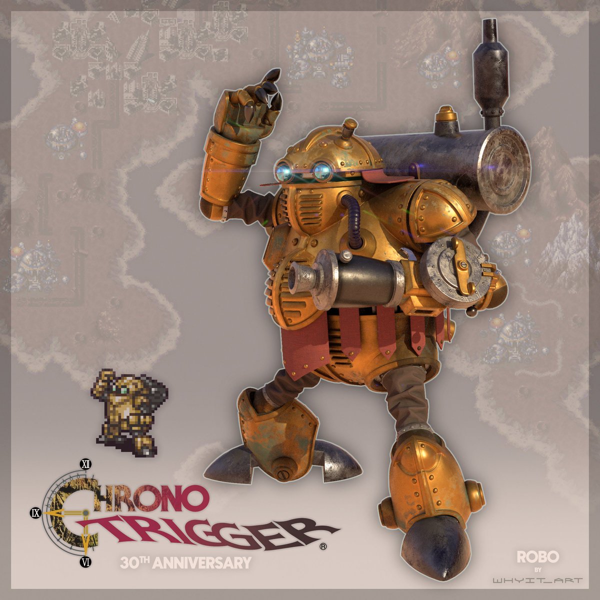 whyit_art's tweet image. Chrono Trigger was released for the SNES 30 years ago today.  It shares rarified air with the greatest games ever made.  I still remember my first journey to the Millennium Fair. 🤖
#ChronoTrigger #ChronoTrigger30th
#クロノトリガー #クロノトリガー30周年 
#3dart #videogames #robo