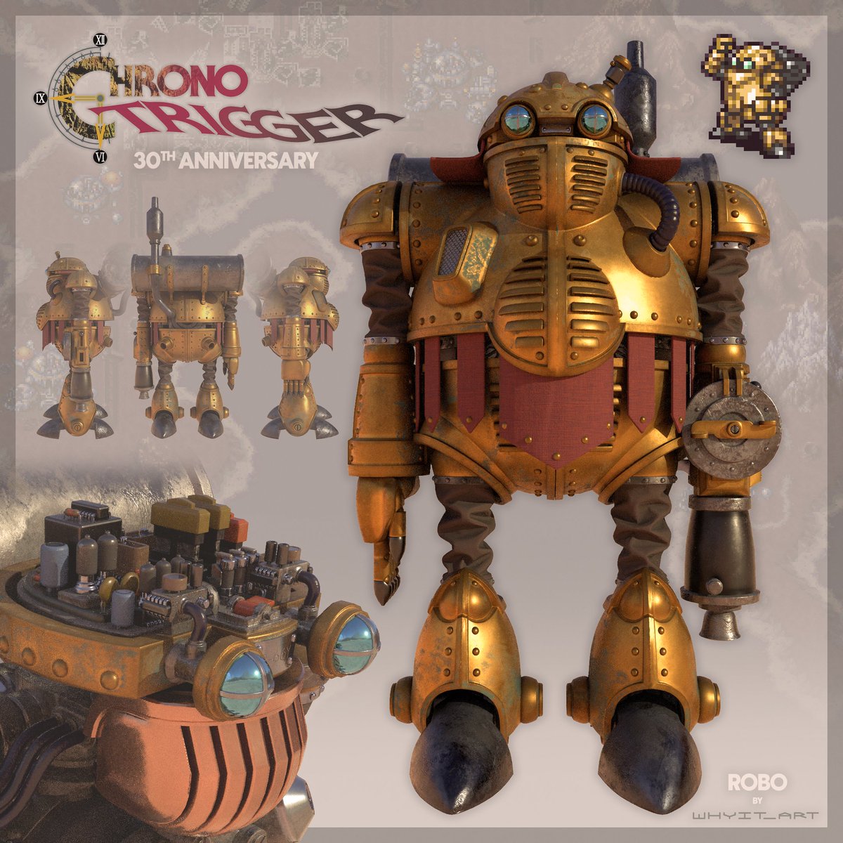 whyit_art's tweet image. Chrono Trigger was released for the SNES 30 years ago today.  It shares rarified air with the greatest games ever made.  I still remember my first journey to the Millennium Fair. 🤖
#ChronoTrigger #ChronoTrigger30th
#クロノトリガー #クロノトリガー30周年 
#3dart #videogames #robo