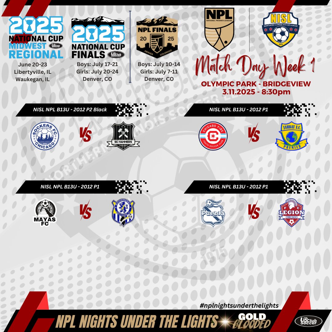 NISL NPL Match Day Week 1!!
Tuesday night of NPL Spring season! Welcome back all players and coaches!
Good luck in your matches!!!

#nplnightsunderthelights
#nationalpremierleague #soccer #npl