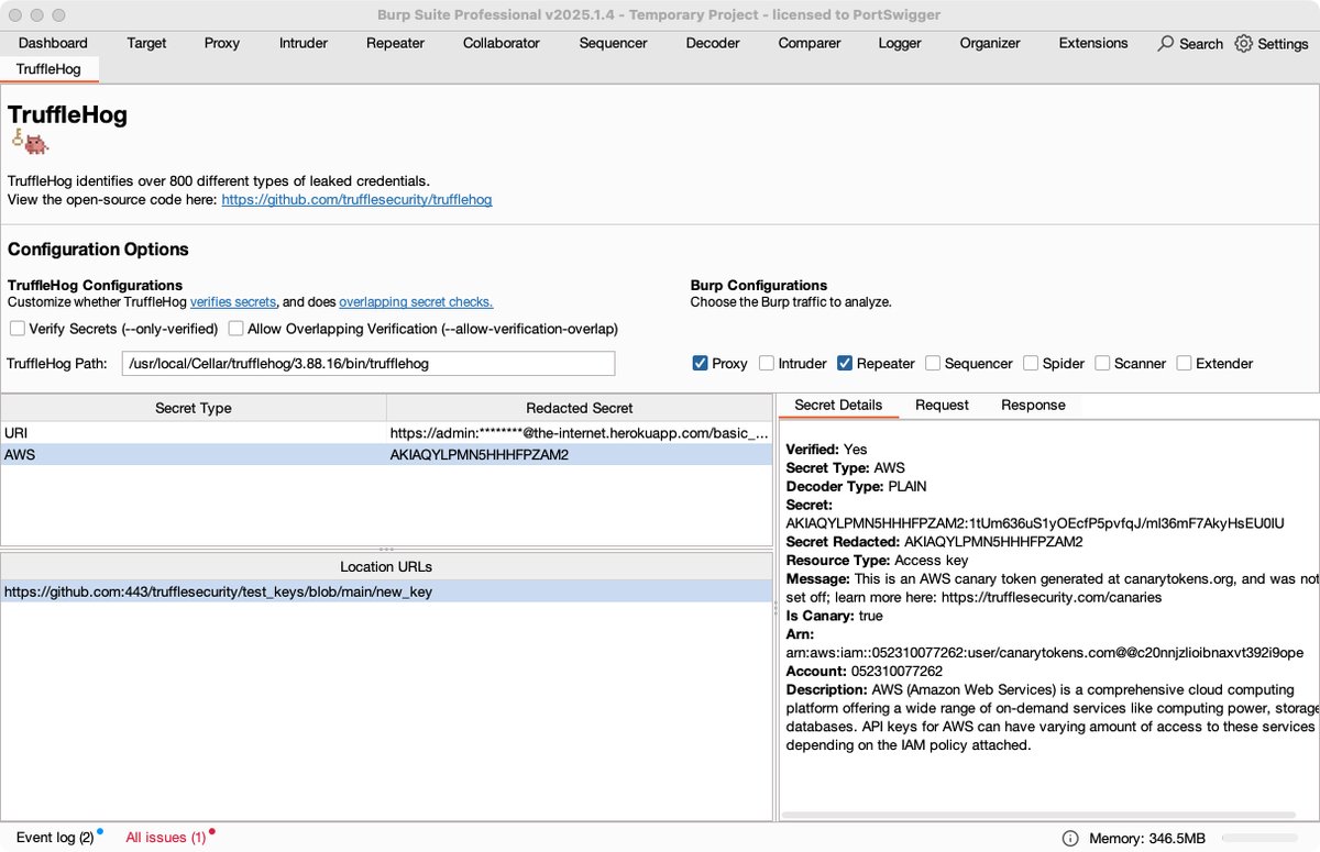 Check out "TruffleHog Integration" on the BApp Store - use TruffleHog with Burp to scan traffic for 800+ different types of secrets.

Available in Burp Suite Professional.