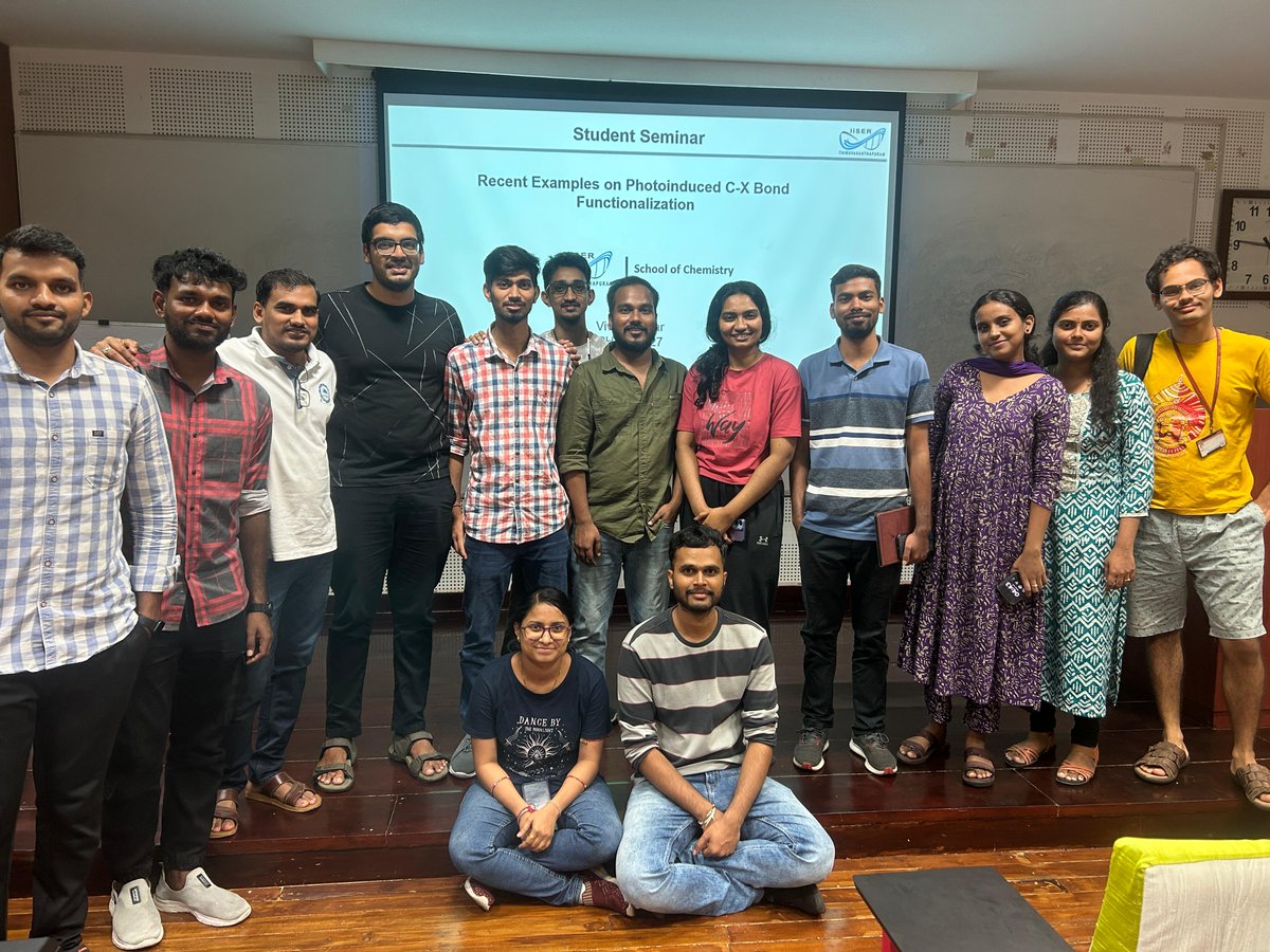 YVR Lab at IISER TVM (@groupyvr) on Twitter photo We congratulate Vivek <a href="/VivekKu02208281/">Vivek Kumar</a> for successfully presenting his student seminar, "Recent Examples on Photoinduced C-X Bond Functionalization."
<a href="/tvmiiser/">IISER Thiruvananthapuram</a> <a href="/Chemie_iisertvm/">School of Chemistry IISER TVM</a> We congratulate Vivek <a href="/VivekKu02208281/">Vivek Kumar</a> for successfully presenting his student seminar, "Recent Examples on Photoinduced C-X Bond Functionalization."
<a href="/tvmiiser/">IISER Thiruvananthapuram</a> <a href="/Chemie_iisertvm/">School of Chemistry IISER TVM</a>