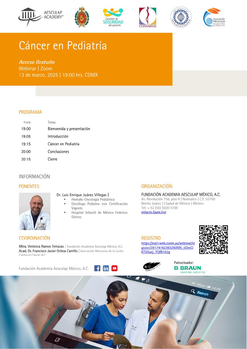 Los invitamos al webinar sobre #CáncerEnPediatría, tema presentado por el Dr. Luis Enrique Juárez Villegas Hemato-Oncólogo Pediátrico. Zoom gratuito gracias a la Fundación Academia Aesculap México A.C. 
🗓Miércoles de 13 de marzo.
🕖19:00 
✅Registro GRATUITO
