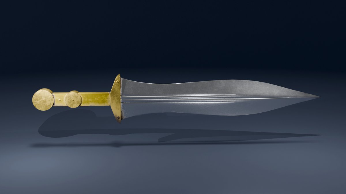 「古代ヨーロッパの刀剣」3 
プギオ。  

初めて聞く武器だけどローマ軍が使ってた短剣の一種なんだとか。
ちょっとずつマテリアル設定を思い出してきました。

#Blender #3Dモデリング