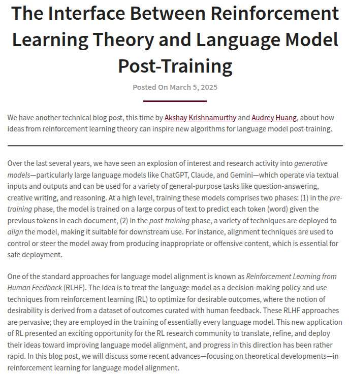 Learning Theory Alliance (@let4all) on Twitter photo We have a new blog post on reinforcement learning theory for language model post training! By Akshay Krishnamurthy and Audrey Huang (<a href="/auddery/">Audrey Huang</a>)!
Link in next post 1/2 We have a new blog post on reinforcement learning theory for language model post training! By Akshay Krishnamurthy and Audrey Huang (<a href="/auddery/">Audrey Huang</a>)!
Link in next post 1/2