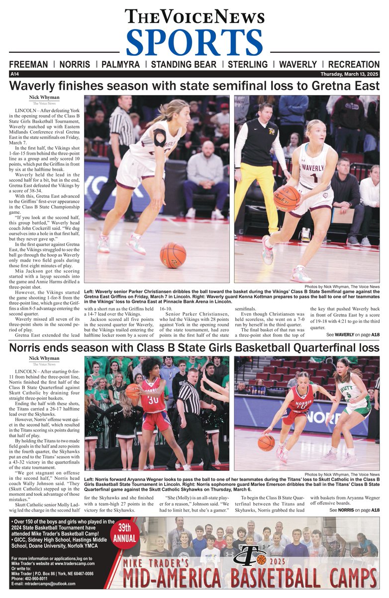 Sneak preview of the March 13 Edition of 'The Voice News' which features two of the five sports pages dedicated to the girls basketball state tournament.

Read about the three games in the coverage area and much more. 
#nebpreps