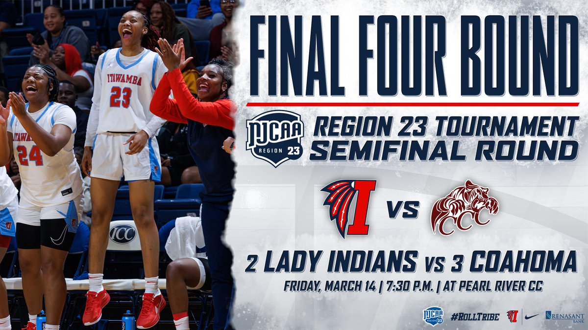 ICC Athletics (@letsgoicc) on Twitter photo 𝐅𝐈𝐍𝐀𝐋 𝐅𝐎𝐔𝐑 𝐁𝐎𝐔𝐍𝐃!!!
The <a href="/LetsGoICCWBB/">ICC Women’s Basketball</a> team will face Coahoma in the Region 23 Tournament Semifinal Round on Friday, March 14 at 7:30 p.m. at Pearl River! #RollTribe #ICCWBB 𝐅𝐈𝐍𝐀𝐋 𝐅𝐎𝐔𝐑 𝐁𝐎𝐔𝐍𝐃!!!
The <a href="/LetsGoICCWBB/">ICC Women’s Basketball</a> team will face Coahoma in the Region 23 Tournament Semifinal Round on Friday, March 14 at 7:30 p.m. at Pearl River! #RollTribe #ICCWBB