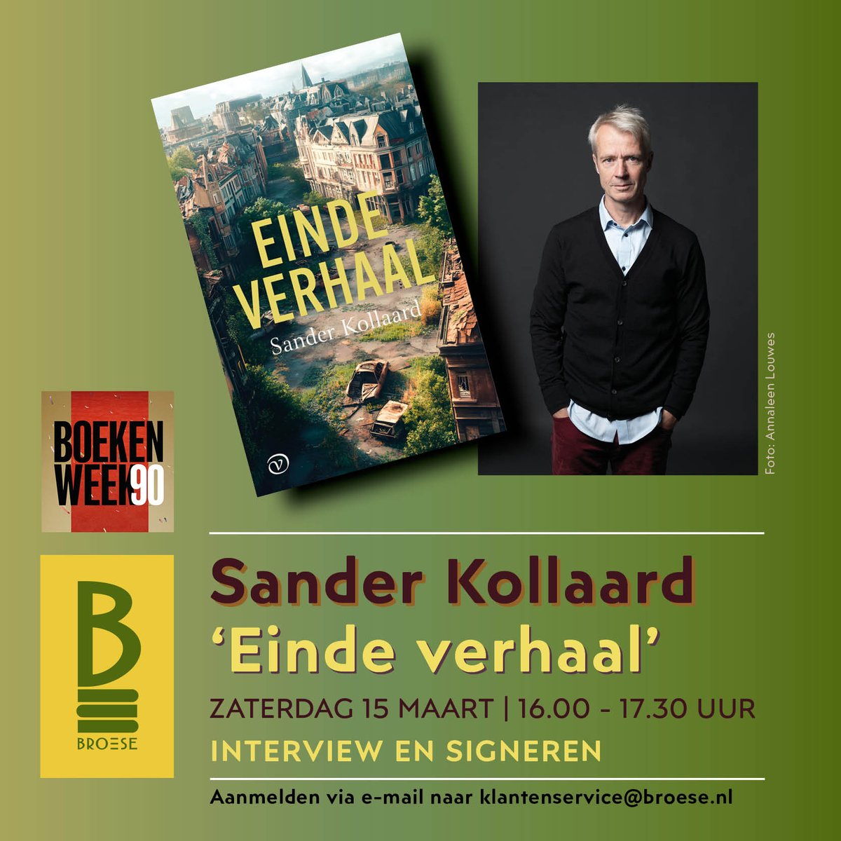 Aauteur Sander Kollaard, bekend van zijn romans als ‘De kleuren van Anna’ en ‘Uit het leven van een hond’ (winnaar Libris Litertuur Prijs 2020), vertelt tijdens een interview over zijn nieuwste roman ‘Einde verhaal’. Erbij zijn? meld u aan: broese.nl/agenda/boekenw…