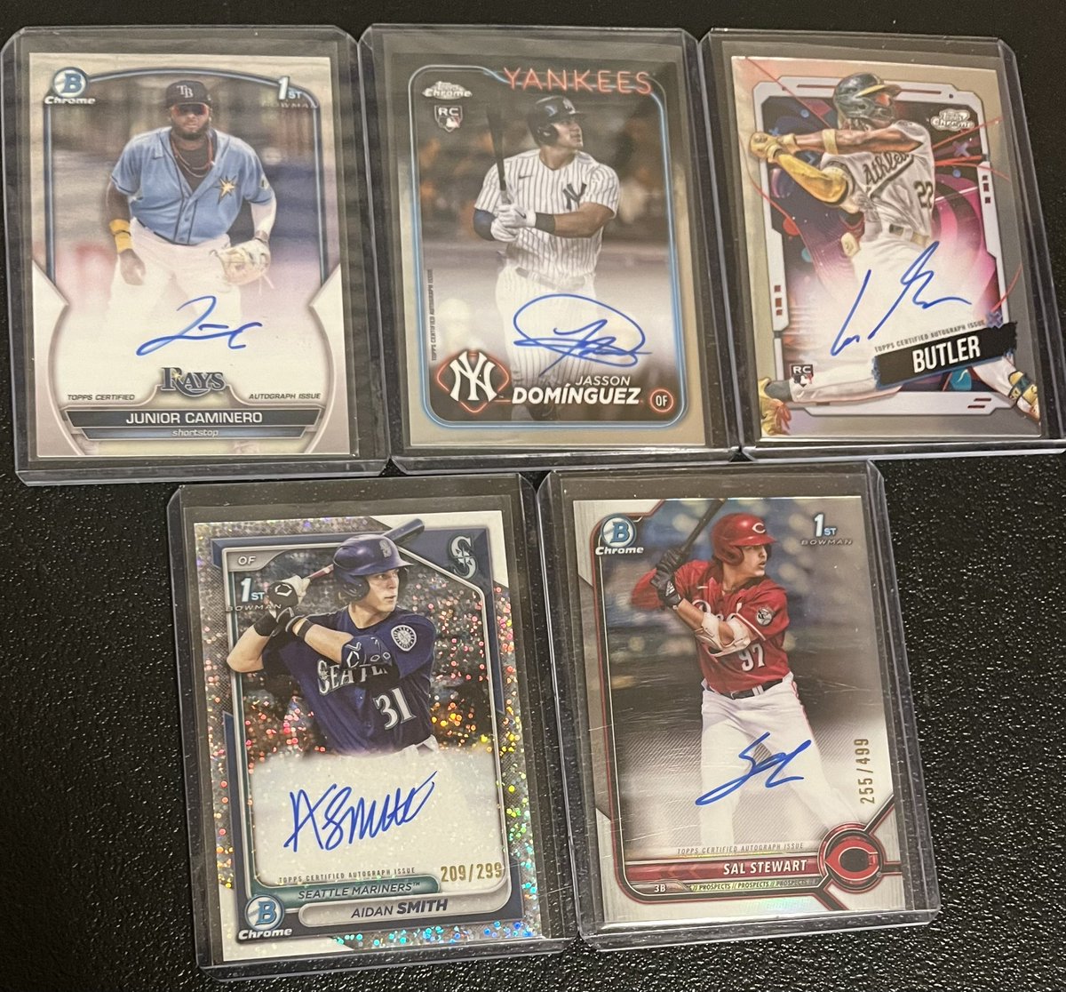 Monday Mailday Posted on Tuesday! 

They keep trickling in from the eBay splurge. 

Caminero 1st Auto
Dominguez TC Auto
Butler Cosmic Auto

And a little Prospecting c/o <a href="/BigBobsCards/">BigBobsCards</a>:
Aidan Smith /299
Sal Stewart /499

<a href="/CardPurchaser/">Card Purchaser</a>