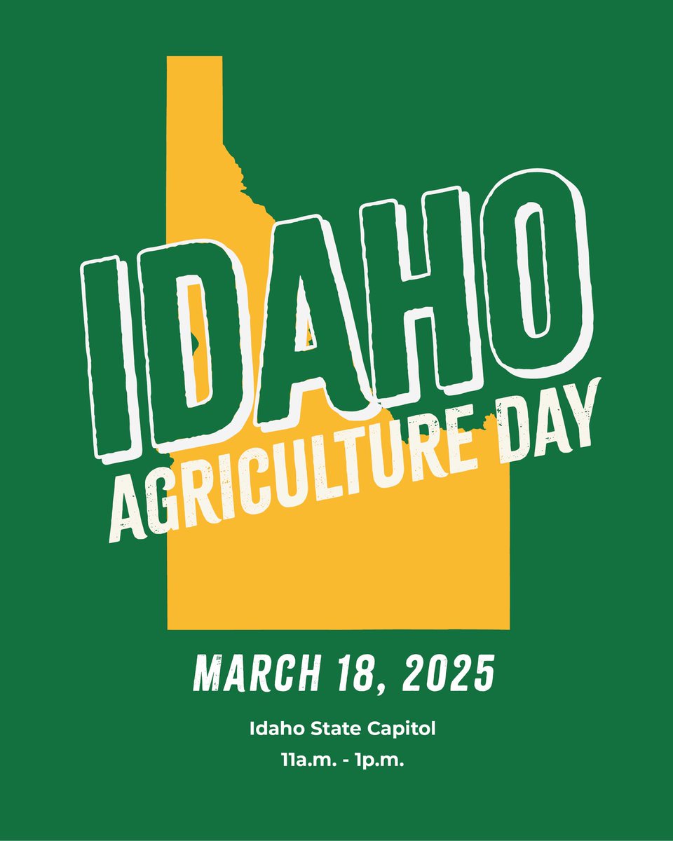 Idaho’s agriculture community is coming together to celebrate our vibrant industry. Learn more about Idaho’s top industries through informative displays and more. Don’t miss out on this exciting celebration of Idaho agriculture!
🗓️ March 18, 2025
⏱️ 11:00a.m.-1:00p.m
📍Capitol