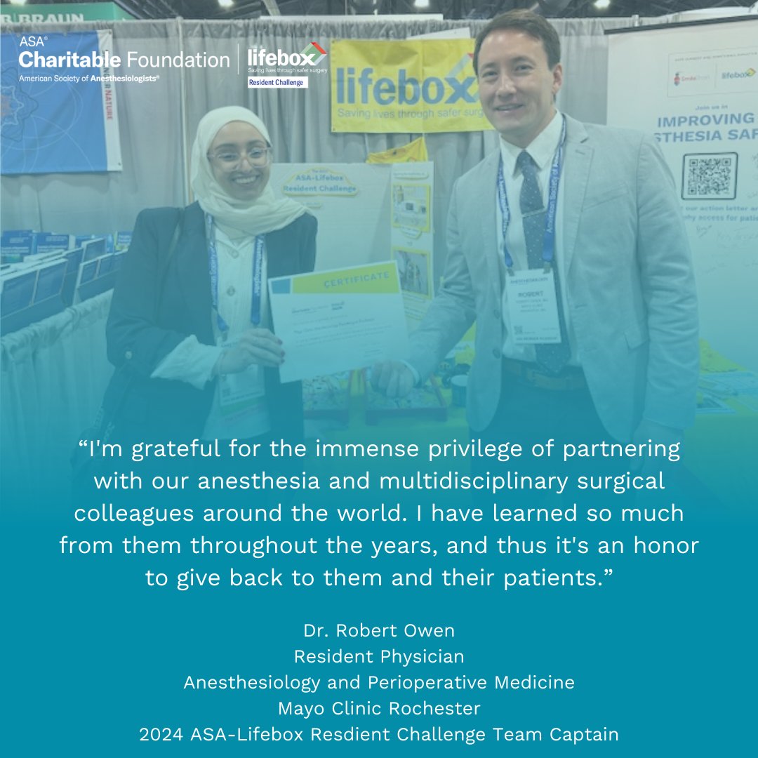 Lifebox (@safersurgery) on Twitter photo @mariamelsaban and <a href="/RobertOwenMed/">Robert Loren Owen</a> loved giving back through the 2024 <a href="/ASALifeline/">ASA®</a>-Lifebox Resident Challenge! With their coresidents, they helped <a href="/MayoAnesRes/">MayoAnesthesiaResMN</a> place 2nd, raising $12K+ for #SafeAnesthesia
The 2025 challenge is on! Join the effort: donate.lifebox.org/campaign/2025-… @mariamelsaban and <a href="/RobertOwenMed/">Robert Loren Owen</a> loved giving back through the 2024 <a href="/ASALifeline/">ASA®</a>-Lifebox Resident Challenge! With their coresidents, they helped <a href="/MayoAnesRes/">MayoAnesthesiaResMN</a> place 2nd, raising $12K+ for #SafeAnesthesia
The 2025 challenge is on! Join the effort: donate.lifebox.org/campaign/2025-…