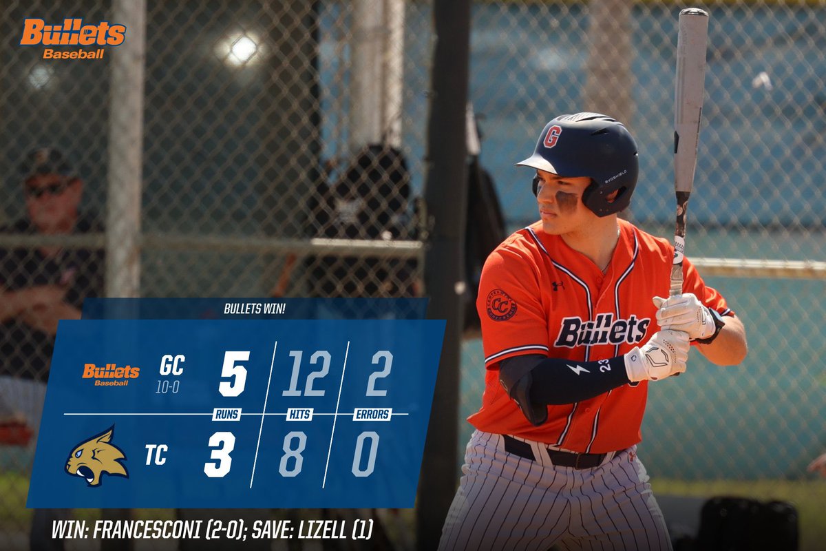 Gettysburg Baseball (@gburgbase) on Twitter photo BULLETS (10-0) WIN!
Gettysburg 5 | Thiel 3
The Bullets break open a close game in the 8th with a Will Roche go-ahead RBI 1B & a Michael Fischetti pinch-hit 2-run HOME RUN!
SP John Francesconi (2-0) got the W over 7 IP, 2 R, 1 ER, 5 H, 0 BB, & 8 K!
<a href="/gburgbullets/">Gettysburg College Athletics</a> | <a href="/gettysburg/">Gettysburg College</a> BULLETS (10-0) WIN!
Gettysburg 5 | Thiel 3
The Bullets break open a close game in the 8th with a Will Roche go-ahead RBI 1B & a Michael Fischetti pinch-hit 2-run HOME RUN!
SP John Francesconi (2-0) got the W over 7 IP, 2 R, 1 ER, 5 H, 0 BB, & 8 K!
<a href="/gburgbullets/">Gettysburg College Athletics</a> | <a href="/gettysburg/">Gettysburg College</a>