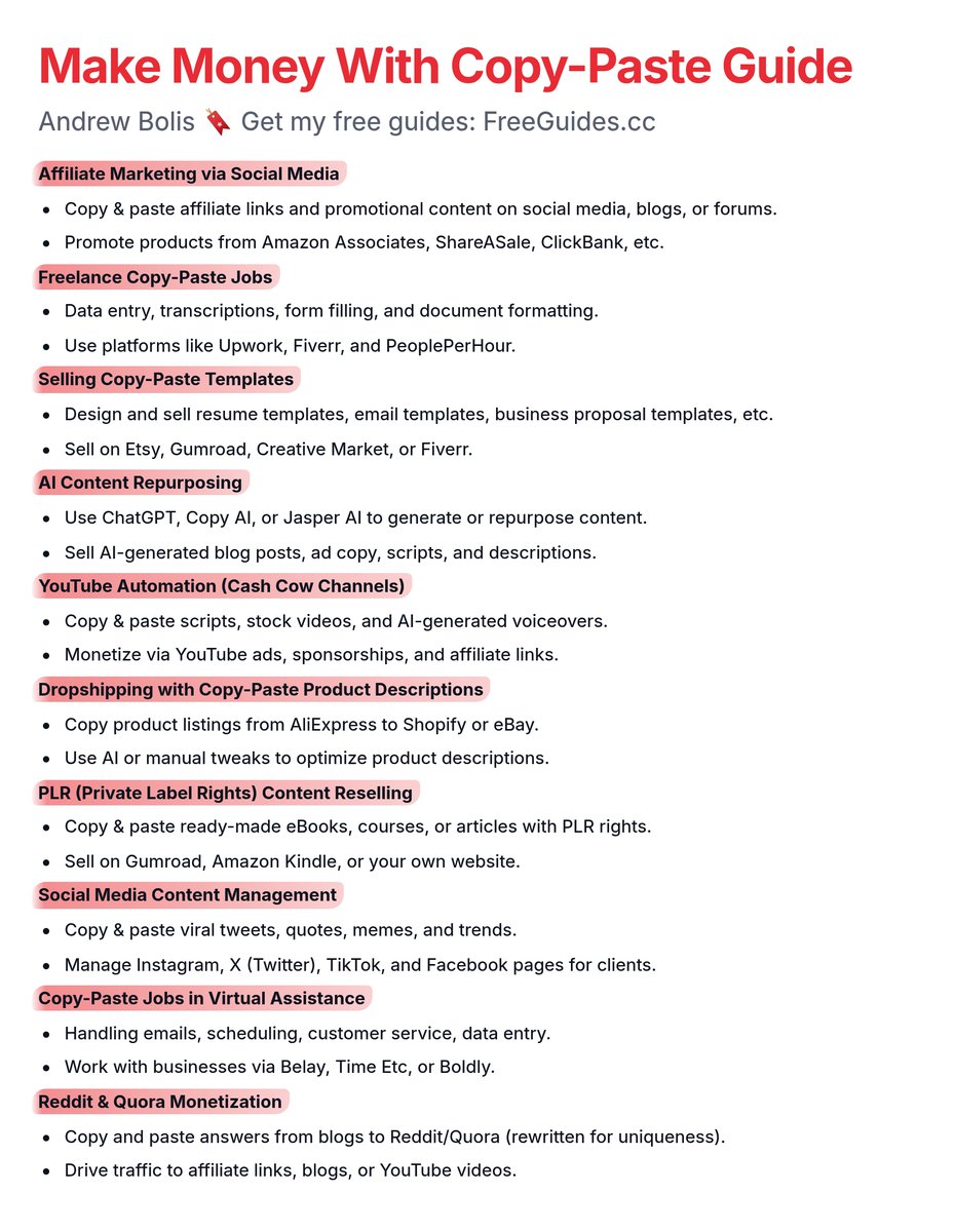 AndrewBolis's tweet image. People are making $319 per day with a laptop, an internet connection, and copy-paste work.

Usually, I&apos;d charge $79 for this guide, but today I&apos;m giving it away for free.

Like and comment &apos;Copy&apos; and I&apos;ll send you the in-depth guide for FREE.

Must follow me to receive DM. FREE…