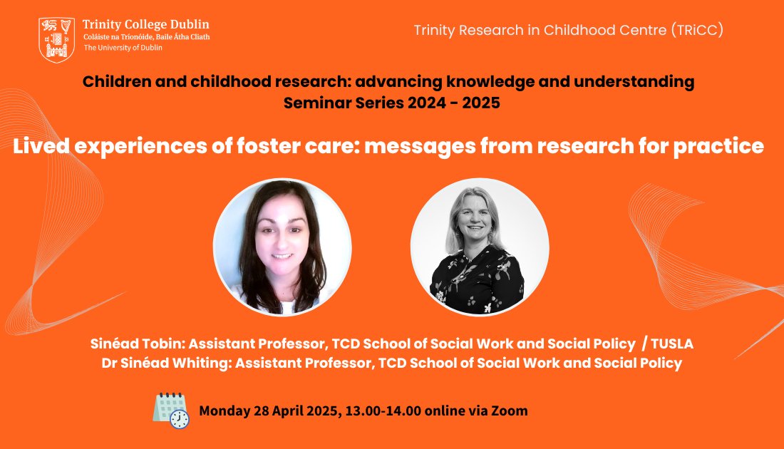 Kat Chzhen (@kat_chzhen) on Twitter photo Excited to chair the <a href="/TCD_TRiCC/">Trinity Research in Childhood Centre (TRiCC)</a> webinar by Sinéad Tobin and Sinéad Whiting on children’s lived experience of foster care on 28 April 2025 Excited to chair the <a href="/TCD_TRiCC/">Trinity Research in Childhood Centre (TRiCC)</a> webinar by Sinéad Tobin and Sinéad Whiting on children’s lived experience of foster care on 28 April 2025