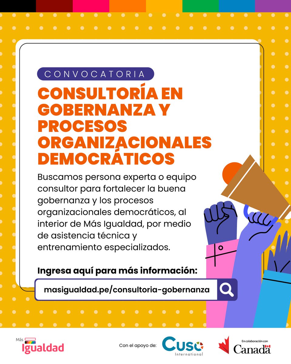 Buscamos persona experta o equipo consultor para fortalecer procesos de gobernanza y procesos organizacionales democráticos, al interior de Más Igualdad, por medio de asistencia técnica y entrenamiento especializados. 📄 TDRs: masigualdad.pe/consultoria-go…