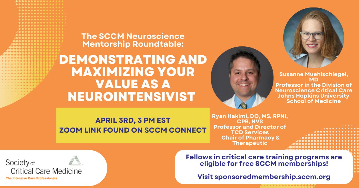 Casey Albin, MD (@caseyalbin) on Twitter photo Curious about RVUs, want to know if you are billing correctly, how about diversifying your revenue stream??
We've got answers from <a href="/SMuehlschMD/">S Muehlschlegel MD MPH, FNCS, FCCM, FAAN</a> & Dr. Ryan Hakimi.
Save the date. The zoom link is on SCCM connect and will be emailed if you are part of the neuroscience section Curious about RVUs, want to know if you are billing correctly, how about diversifying your revenue stream??
We've got answers from <a href="/SMuehlschMD/">S Muehlschlegel MD MPH, FNCS, FCCM, FAAN</a> & Dr. Ryan Hakimi.
Save the date. The zoom link is on SCCM connect and will be emailed if you are part of the neuroscience section
