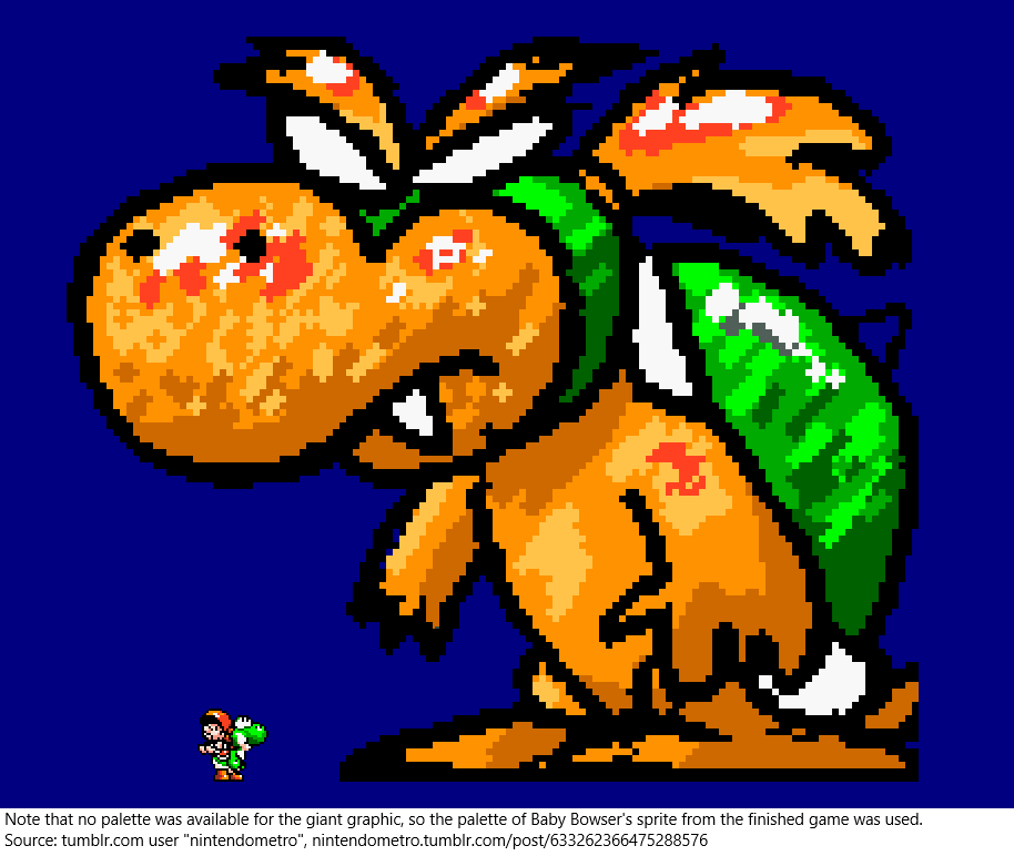 Note that no palette was available for the giant graphic, so the palette of Baby Bowser's sprite from the finished game was used. Source: tumblr.com user 
