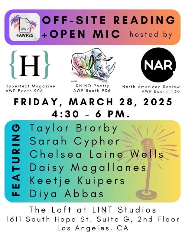 Hypertext Magazine (@hypertextmag) on Twitter photo REUNITE! <a href="/rhinopoetry/">RHINO Poetry</a> & HYPERTEXT back together at AWP LA! Come see us at Booth 906 and get out of the convention center for an off-site reading featuring Hypertext's own Chelsea Laine Wells and 2025 contributor Daisy Magallanes! REUNITE! <a href="/rhinopoetry/">RHINO Poetry</a> & HYPERTEXT back together at AWP LA! Come see us at Booth 906 and get out of the convention center for an off-site reading featuring Hypertext's own Chelsea Laine Wells and 2025 contributor Daisy Magallanes!