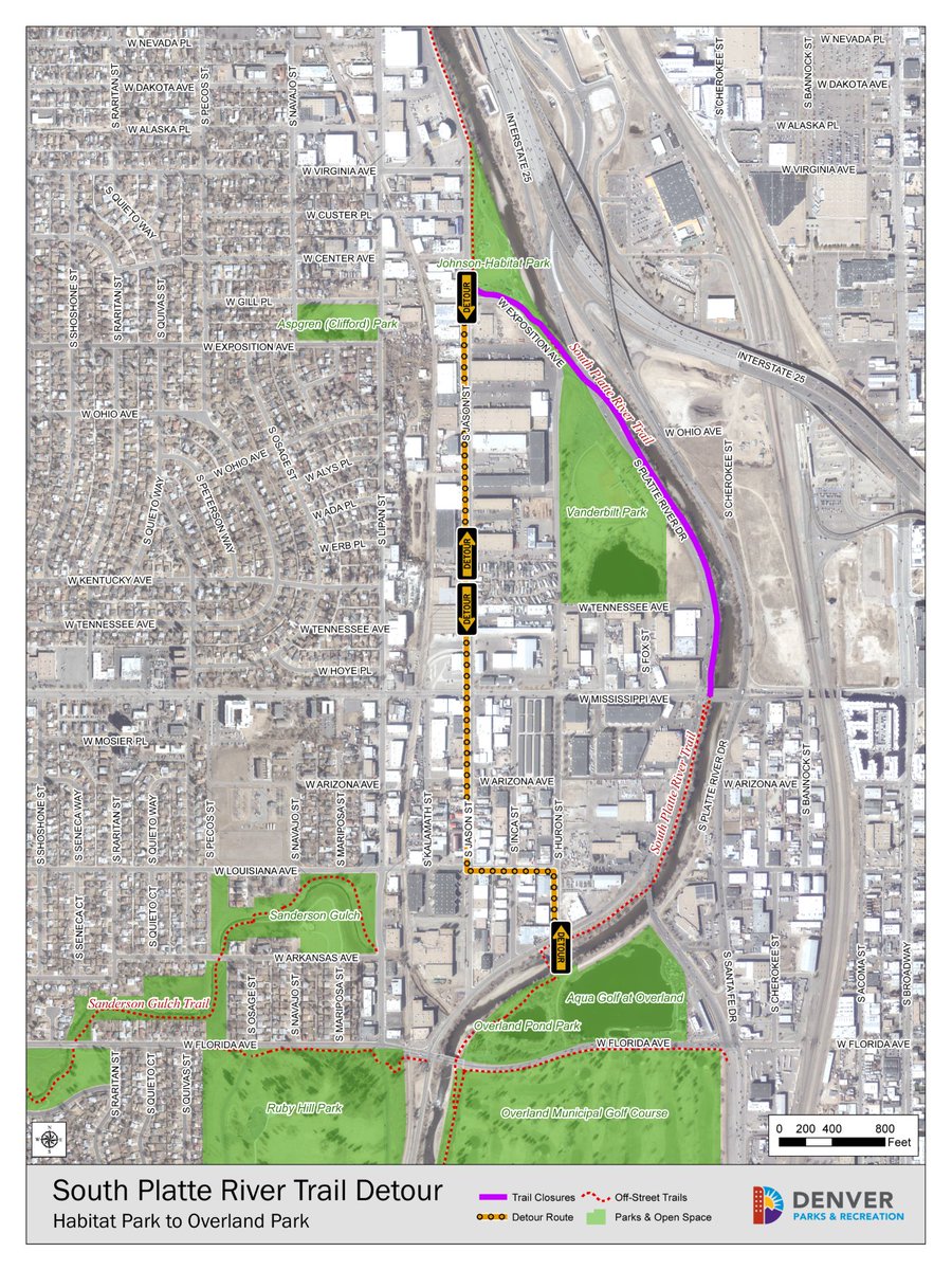 TRAIL DETOUR | Construction through 2026: South Platte River Trail will be closed from Johnson Habitat Park to W. Mississippi Ave. Please follow the detour. The trail is being upgraded to meet DPR's regional trail standards. To learn more visit denvergov.org/traildetours