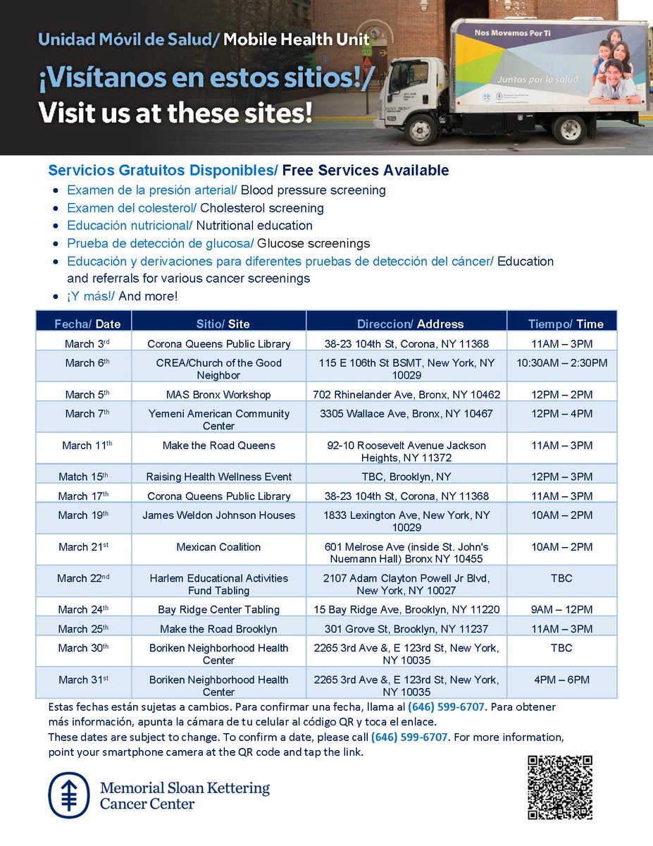 MSKCC Immigrant Health & Cancer Disparities Center (@mskihcd) on Twitter photo We're happy to share the <a href="/mskihcd/">MSKCC Immigrant Health & Cancer Disparities Center</a>'s Mobile Health Screening program schedule for March. On the below flyer, you'll find the list of free services offered and the dates and locations of all our events for this month. We hope to see you soon! We're happy to share the <a href="/mskihcd/">MSKCC Immigrant Health & Cancer Disparities Center</a>'s Mobile Health Screening program schedule for March. On the below flyer, you'll find the list of free services offered and the dates and locations of all our events for this month. We hope to see you soon!