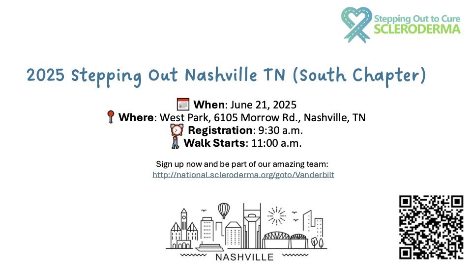 gmaldonadovelez's tweet image. Let’s step out for a great cause! ✨
Join us for Stepping Out to Cure Scleroderma in Nashville, TN, to raise awareness and support scleroderma research! 💙
Come walk, have fun, and make a difference! Together, we can create a brighter future for those affected by scleroderma.