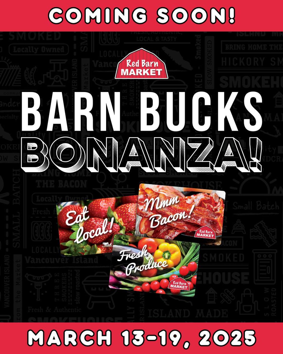 Get ready... the Barn Bucks Bonanza is COMING SOON! From March 13-19, 2025, get a FREE 10% BONUS when you purchase a Red Barn Market gift card of $50 or more. See you on Thursday!