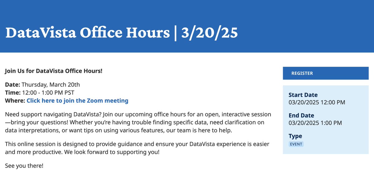 Join Us for DataVista Office Hours!

Date: Thursday, March 20th
Time: 12:00 - 1:00 PM PST
Where: Click here to join the Zoom meeting