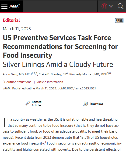 "The USPSTF recommendations can serve as a call to action to eliminate food insecurity once and for all." 

Read the Editorial.

ja.ma/4kCxnGB