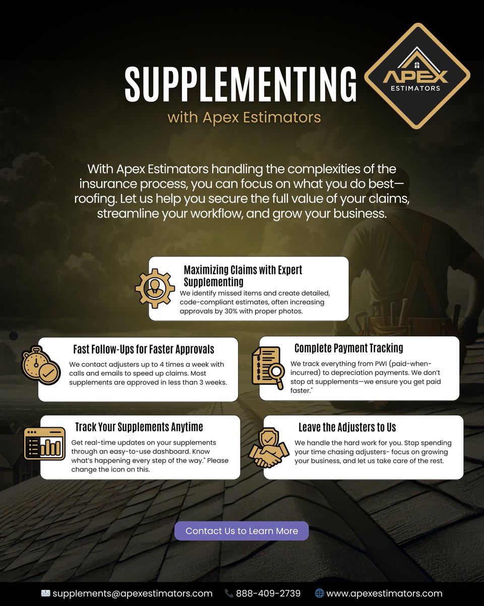 apexestimators's tweet image. Maximize your roofing claims with Apex Estimators! 💰 We handle the hard work so you can focus on growing your business.

Get in touch with us at 888-409-2739 or supplements@apexestimators.com to learn more!

#IncreaseProfitability #SupplementSuccess #ClaimsManagement